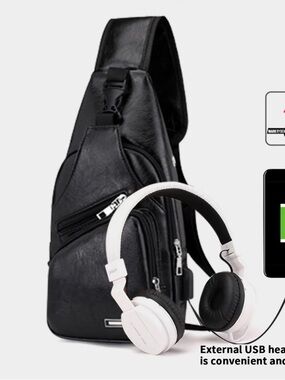 Men's Black Sling Crossbody Bag with External USB Port
